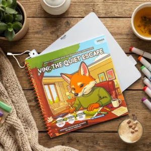 Lifestyle foto van het VINI: The Quiet Escape kleurboek voor volwassenen op een rustieke houten tafel met een kop thee en markers. De focus ligt op de kleurrijke cover met een vos en de handige oranje ringband. Het witte, herbruikbare beschermvel is zichtbaar achter het boek